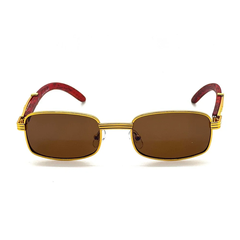 Rectangle Sunglasses‎ Gold Frame Wood Arms Dark Brown Lens Men Hip Hop Small New